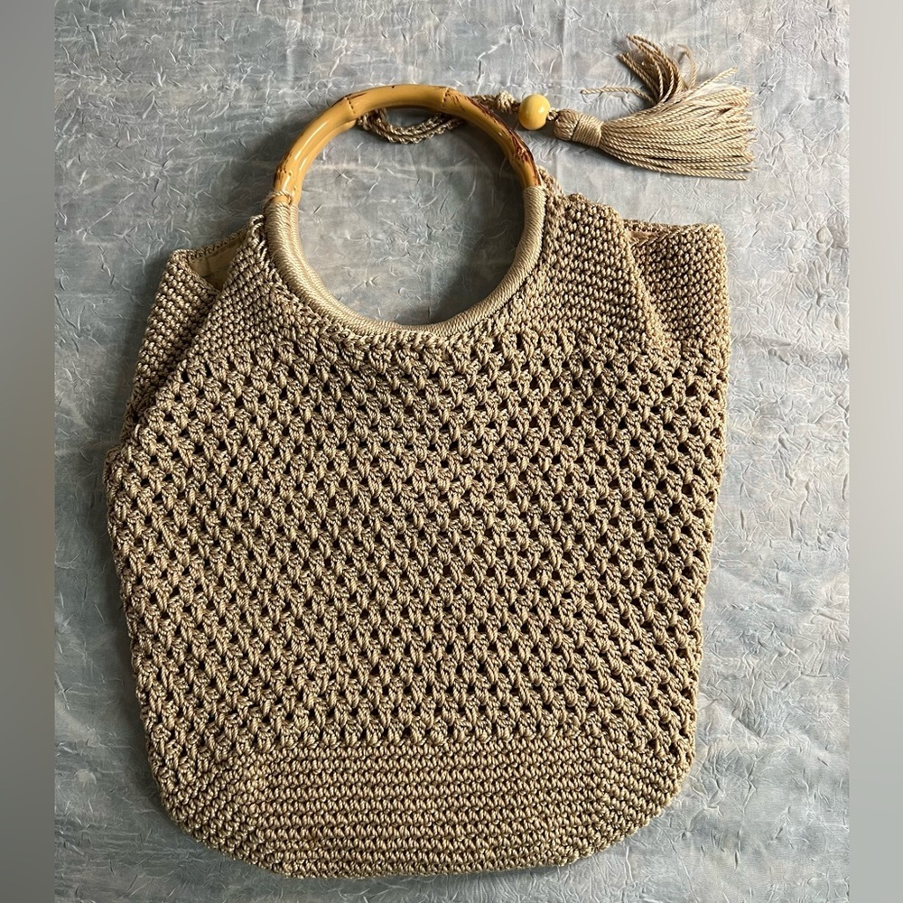 Handwoven Tan Crochet Tote with Bamboo Ring Handles